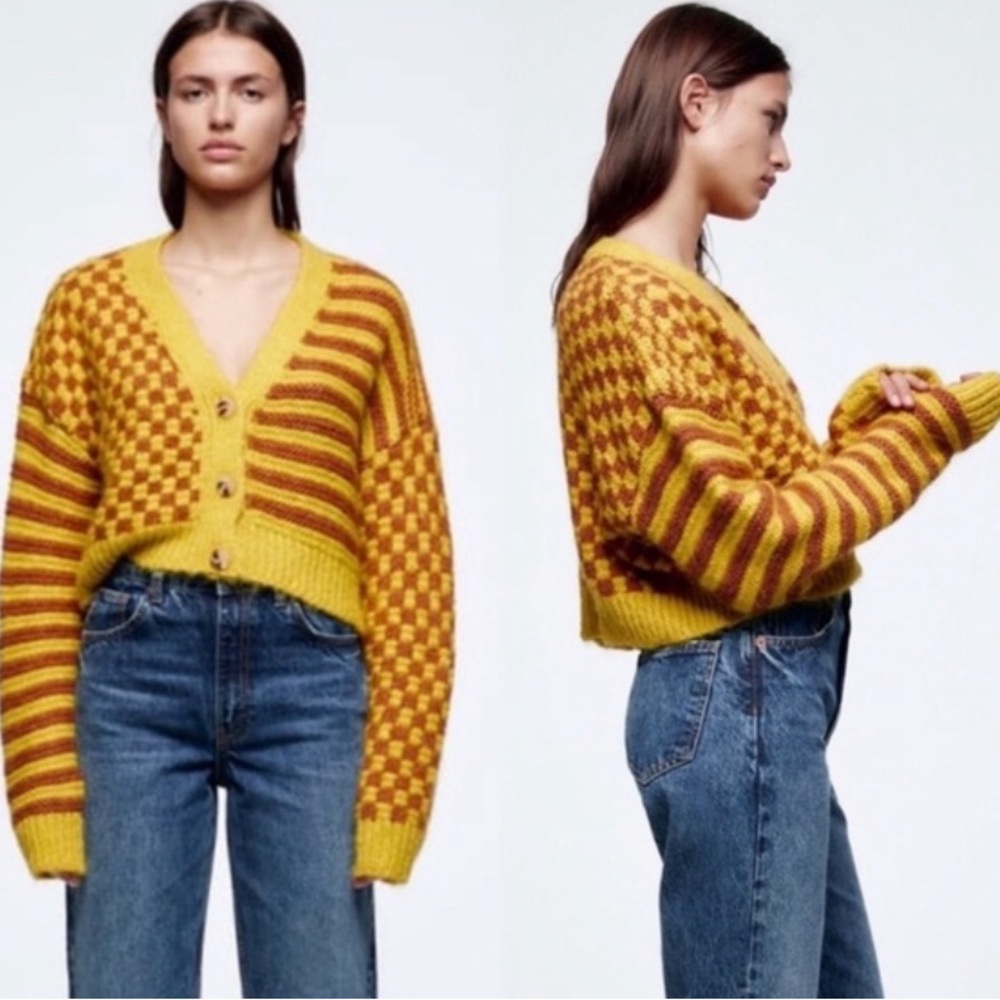 ZARA Bloggers Fav Jacquard Combination Chunky Cropped Cardigan Knit - Picture 2 of 11
